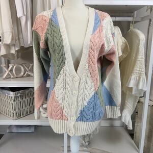 Gallagher hand knitted women's sz small pastel sweater, deep v retro vibe #3047